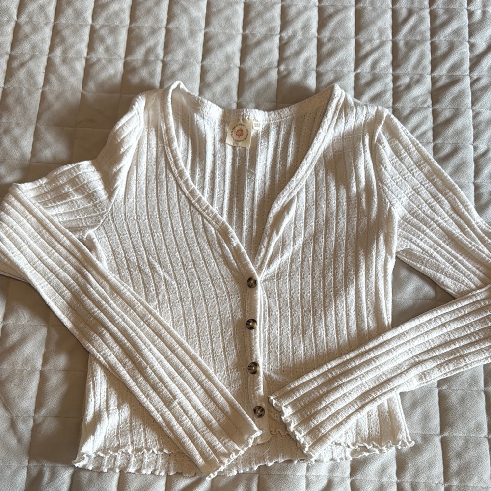 White Ribbed Knit Cardigan with V-Neck